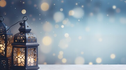 Lightened lantern over glitter bokeh background. Ramadan kareem and eid mubarak holiday celebration concept