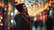 a smiling woman with shopping bags, golden age aesthetics, light brown and crimson, high-quality photo, street fashion, dark red and emerald, vibrant airy scenes