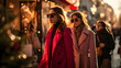 female shoppers walk down the street after Christmas shopping, candid celebrity shots, crimson, wealthy portraiture, joyful and optimistic