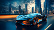 futuristic driving car with smart technology, futuristic cityscapes, Cityscape Background, car in the city