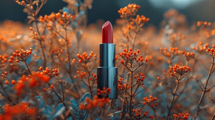 Mockup lipstick cosmetic on nature background. Organic natural ingredients beauty product among green plants. Skin care, beauty and spa product presentation, copy space.