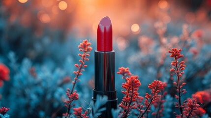 Mockup lipstick cosmetic on nature background. Organic natural ingredients beauty product among green plants. Skin care, beauty and spa product presentation, copy space.