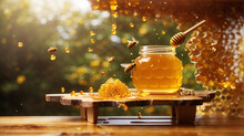 A Wooden Table With A Jar Of Honey Jar Of Honey And Bee