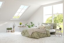 White Bedroom Interior Design With Summer Landscape In Window. Scandinavian Interior Design. 3D Illustration