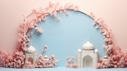 Wall Mural - mosque and blossom flowers in paper cutting style 3D illustration. Ramadan kareem and eid fitr islamic concept background for greeting card and flyer. colorful pastel color.