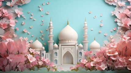 Wall Mural - mosque and blossom flowers in paper cutting style 3D illustration. Ramadan kareem and eid fitr islamic concept background for greeting card and flyer. colorful pastel color.