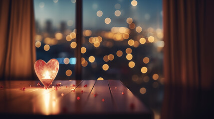 Wall Mural - Empty wooden table with blurred background, Heart-shaped bokeh lights of six star luxury hotel room at valentine day
