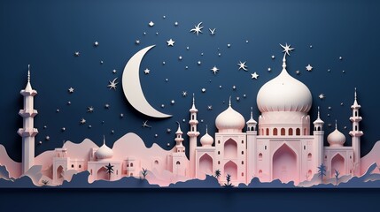 Wall Mural - mosque and moon at night in paper cutting style 3D illustration. Ramadan kareem and eid fitr islamic concept background for greeting card and flyer. colorful pastel color.