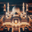 A large white mosque lit up at night