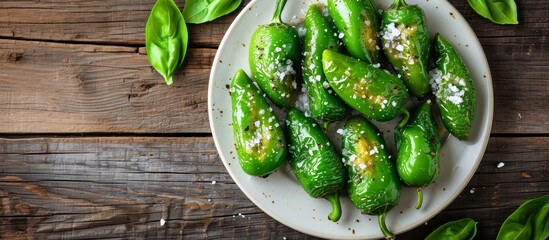 Wall Mural - Baked mini green peppers with salt displayed on a white plate, viewed from above, on a wooden table.