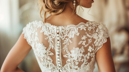 Wall Mural - Intricate details of brides dress, seen from the back. See through back modern design with traditional buttons.