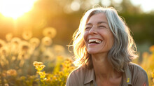 A Senior Woman Laughing Amidst Sunflowers At Sunset, Epitomizing The Beauty Of Enjoying Life's Simple Pleasures – This Image Is AI Generative.