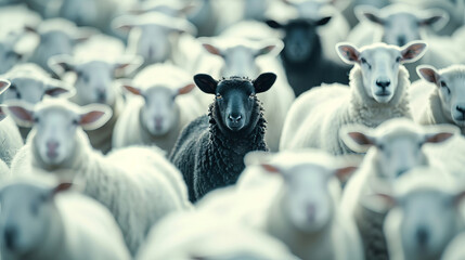 Wall Mural - A black sheep in the midst of a white flock, exemplifying the concept of being unique – this image is AI Generative.