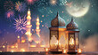 A tranquil night at a mosque with lanterns and fireworks, digitally rendered by AI. This is an AI generative work.