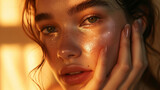 Fototapeta  - A portrait of a young woman bathed in golden sunlight, her face adorned with glistening water droplets is AI Generative.