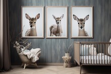 A Nursery Room With A Wooden Crib And A Basket Of Blankets. The Walls Are Covered In A Gray Wood Paneling And There Are Three Framed Pictures Of Young Deer Hanging Above The Crib.