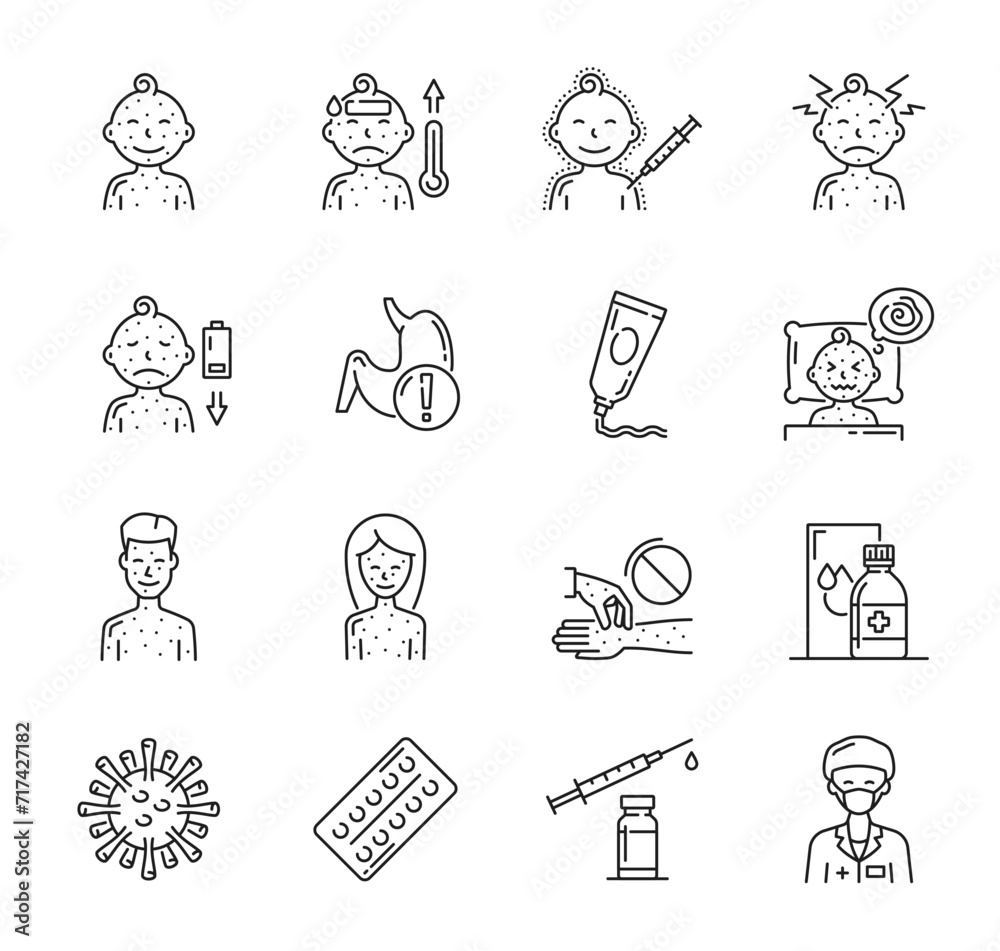 Chicken pox icons, virus disease, health infection symptoms and ...