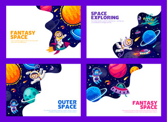 Poster - Cartoon space posters. Kids astronauts and aliens characters flying on rocket and UFO, fantasy planets, fire asteroids and comets with starry galaxy landscape background. Outer space travel, astronomy
