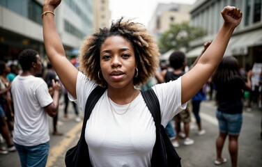 Wall Mural - an African American protester in a protest with a group of protesters in a street calling for social justice