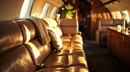 Take in the beauty of this private jets interior as you admire the carefully chosen art pieces illuminated by the suns rays shining through the window. A unique and elegant touch to any journey.