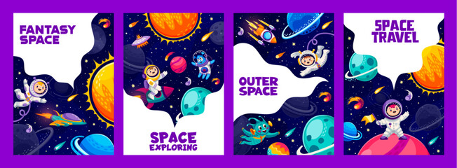 Poster - Cartoon space posters, vector cards with astronauts, ufo and aliens, spaceship and stars. Flyers set with spacecraft and funny cosmonauts in starry universe or galaxy. Interstellar cosmic adventure