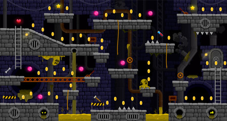Dark arcade underground of sewage wastewater for game level map, vector interface. Stone platforms and coins, stairs and ghosts with gems and monster slimes on platforms for arcade game background