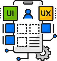 Poster - Cellphone app optimization, web software UI UX design develop, mobile application coding thin line icon. Mobile phone application, online service interface development line vector icon or pictogram