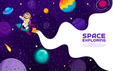 Poster - Cartoon kid astronaut on rocket in galaxy space with planets in starry sky, vector background. Kid spaceman on space adventure and galaxy exploration with spaceship shuttle for planetary education