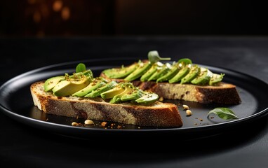 Wall Mural - Fresh green avocado slices with toppings sprinkled on top in a photo with a black background. generative ai.