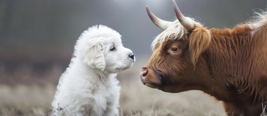 Wall Mural - great pyrenees puppy meets highland cow during livestock guarding.