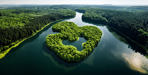 Wall Mural - Aerial view of a small island in the middle of the forest.Aerial view of a lake in the middle of a green forest