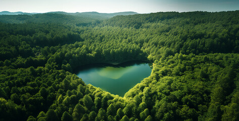 Wall Mural - Aerial view of a small island in the middle of the forest.Aerial view of a lake in the middle of a green forest