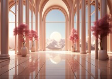 Interior Of A Corridor With Pink Tiles And Vase. Created With Ai