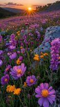 Purple Yellow Flowers Field Sunset Background Mountain Lake Sierra Nevada Deity Spring Enchanted Dreams Rocky Seashore Blue Wall Cheerful Colors Deep Complimentary Color Roads