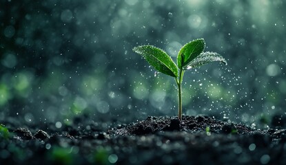 plant sprouting rain deep droplets growth couple blessing soil night connected nature via vines lonely tree scepter rising steam