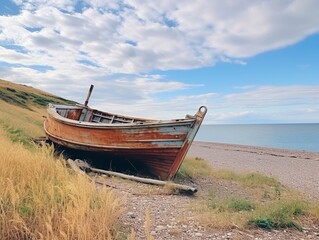 Naklejka na meble Old rusty fishing boat along the shore of the lake with clouds