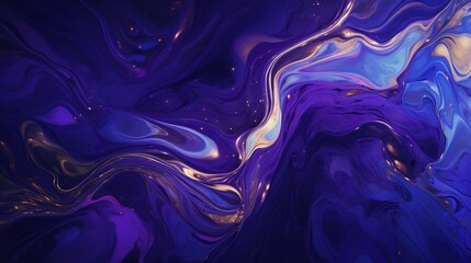  Blue Purple Gold Liquid Ink Churning Together. Digital Art 3D Illustration
