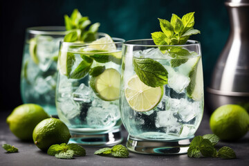 Wall Mural - Refreshing gin and tonic cocktails with mint and lime, generative AI