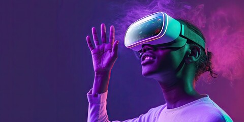 African studio future unfolds vibrantly young man face alight with innovation dons VR technology. Tech glasses gateway to virtual reality blend modernity with digital age. headset symbol of futuristic