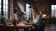 © New generate - Young female freelancer working in loft office