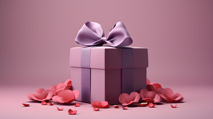 Gift box with beautiful ribbon concept for Valentine's Day, Anniversary, and Mother's Day. Isolated on a Solid Purple Background with copyspace