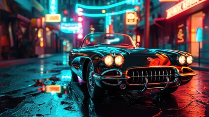 Wall Mural - A convertible car parked on a dark street suddenly comes to life with neon lights that shift and change with every song played on the radio.