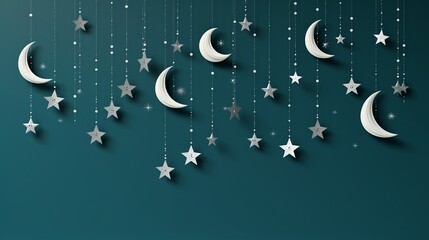 Wall Mural - Ramadan Kareem background with crescent moon and stars hanging on turquoise green wall