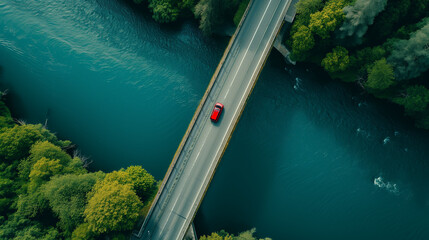 Aerial View of Car Driving on River Bridge