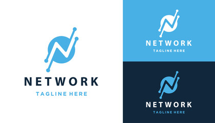 Poster - Circular Initial Letter N with Digital Wire Line Dots For Modern Technology Logo Design