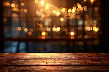 Wall Mural - Cityscape blurred with bokeh lights empty wooden table stands surface canvas of abstract design and potential. night falls dark grainy wood becomes counterpoint to blurred background