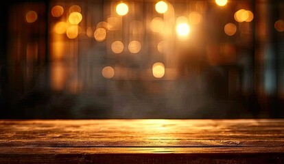 Wall Mural - cityscape blurred with bokeh lights empty wooden table stands surface canvas of abstract design and 