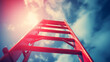 Red color ladder reaching the sky. Dreamy look to illustrate the concept of career success and achieving goals