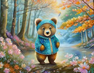 Wall Mural - oil painting style illustration, baby bear cub in autumn forest ,cute and adorable wildlife, idea for wall art decor and background wallpaper