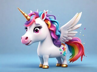  Cute little white unicorn mascot with colorful mane and big pink eyes, 3D